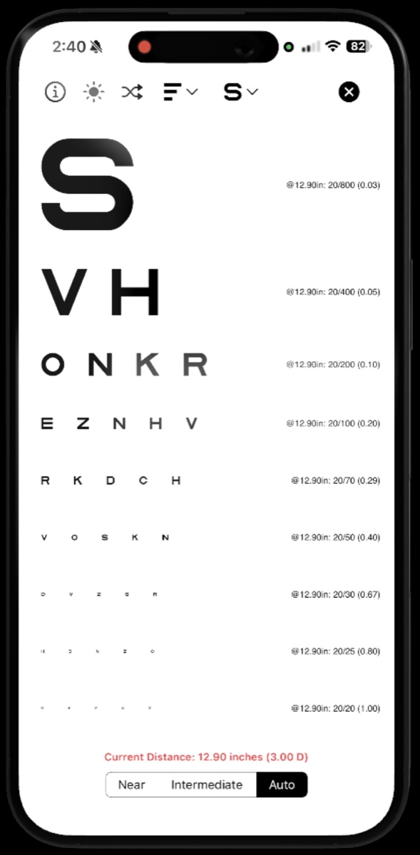 My Call Bag vision testing tool showing standardized Sloan letters on iPhone